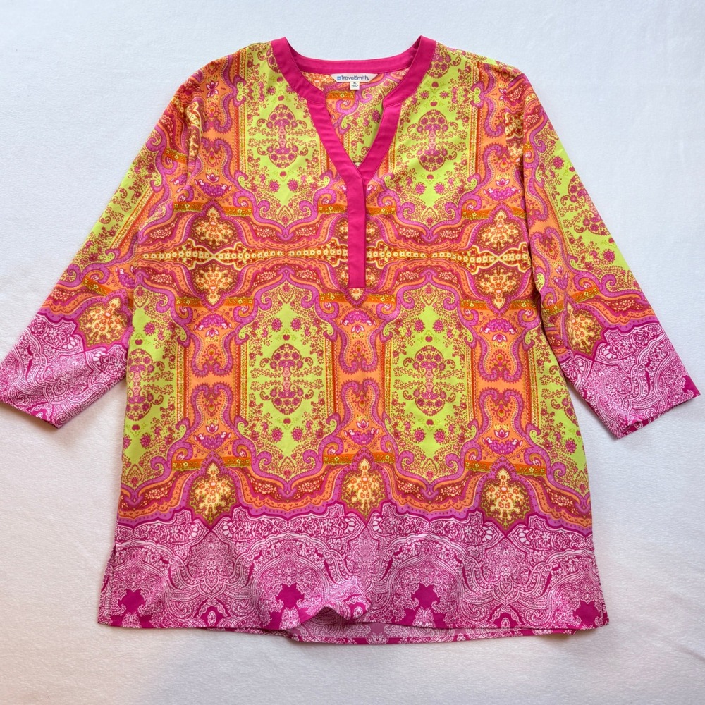 TravelSmith‎ Tunic Top Womens XL Pink Green Paisley Boho Resort Chic Tropical